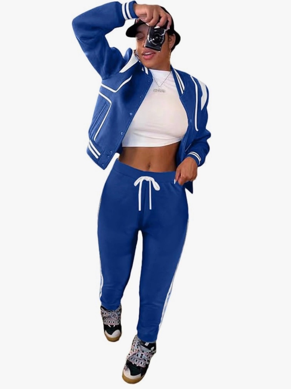 Revious Women’s 2 Piece Blue & White Varsity Tracksuit Set